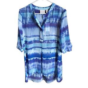 Chicos size 0 = small blouse top blue tie dye 3/4 sleeve summer casual NEW